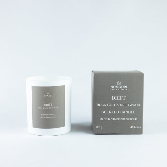 Nomdori Drift 220g candle in Rock Salt & Driftwood, hand-poured luxury home fragrance