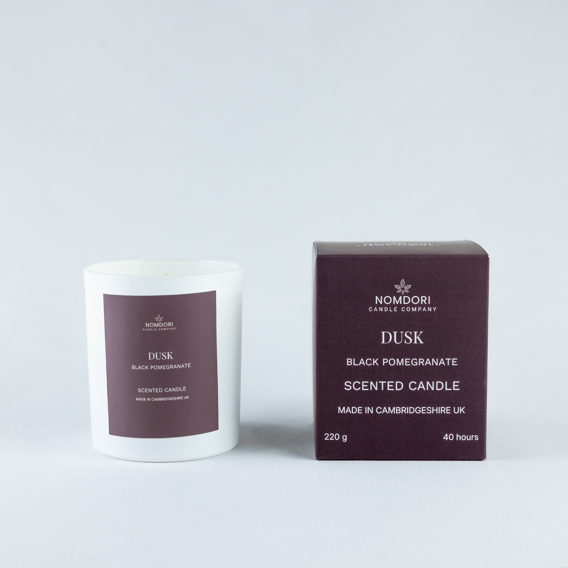 Nomdori Dusk 220g luxury candle in Black Pomegranate, hand-poured coconut rapeseed wax UK