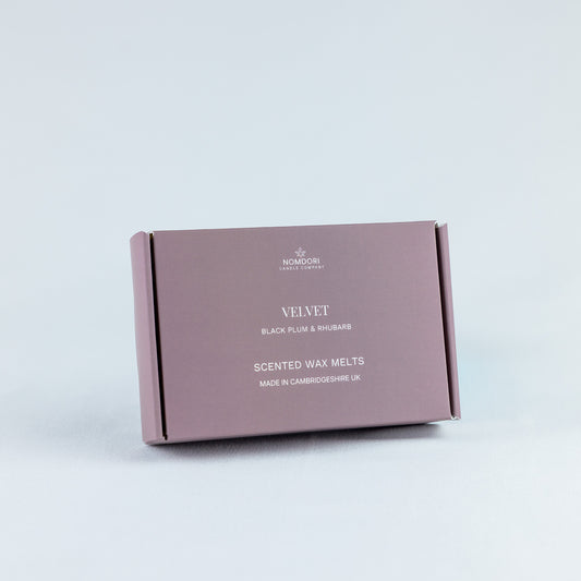 Nomdori Velvet wax melts in Black Plum & Rhubarb, hand-poured natural wax melt